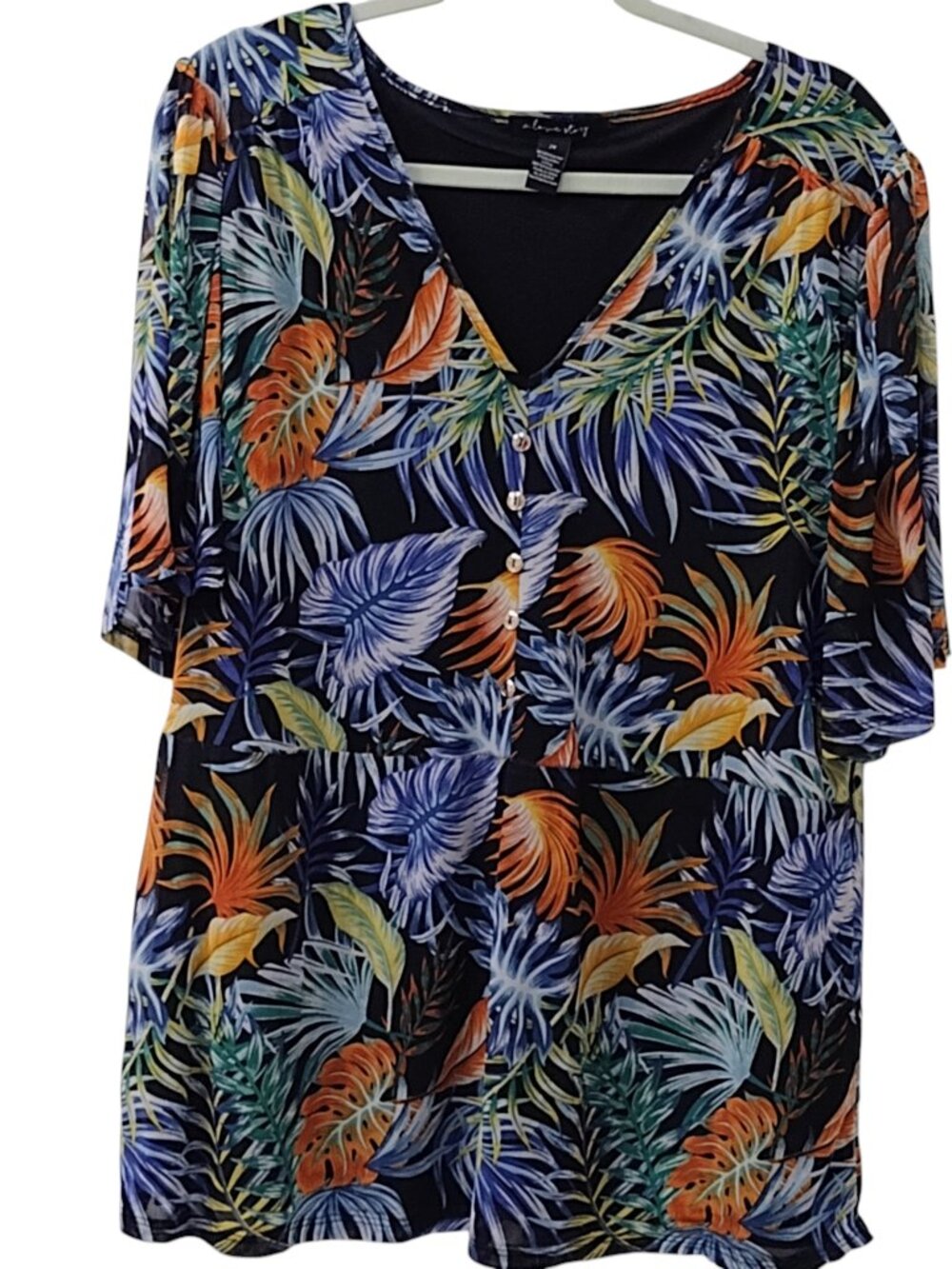 A Love Story Short Sleeve Floral Top, Size 2X, Orange/Blue/Green /Yellow/Black